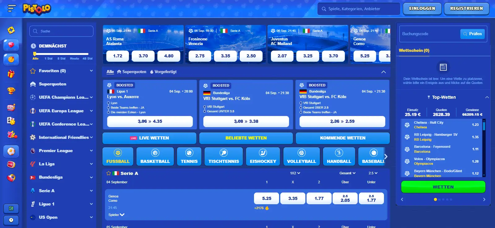 Pistolo Sportwetten 2026: Sportsbook, Live-Wetten und Aktionen