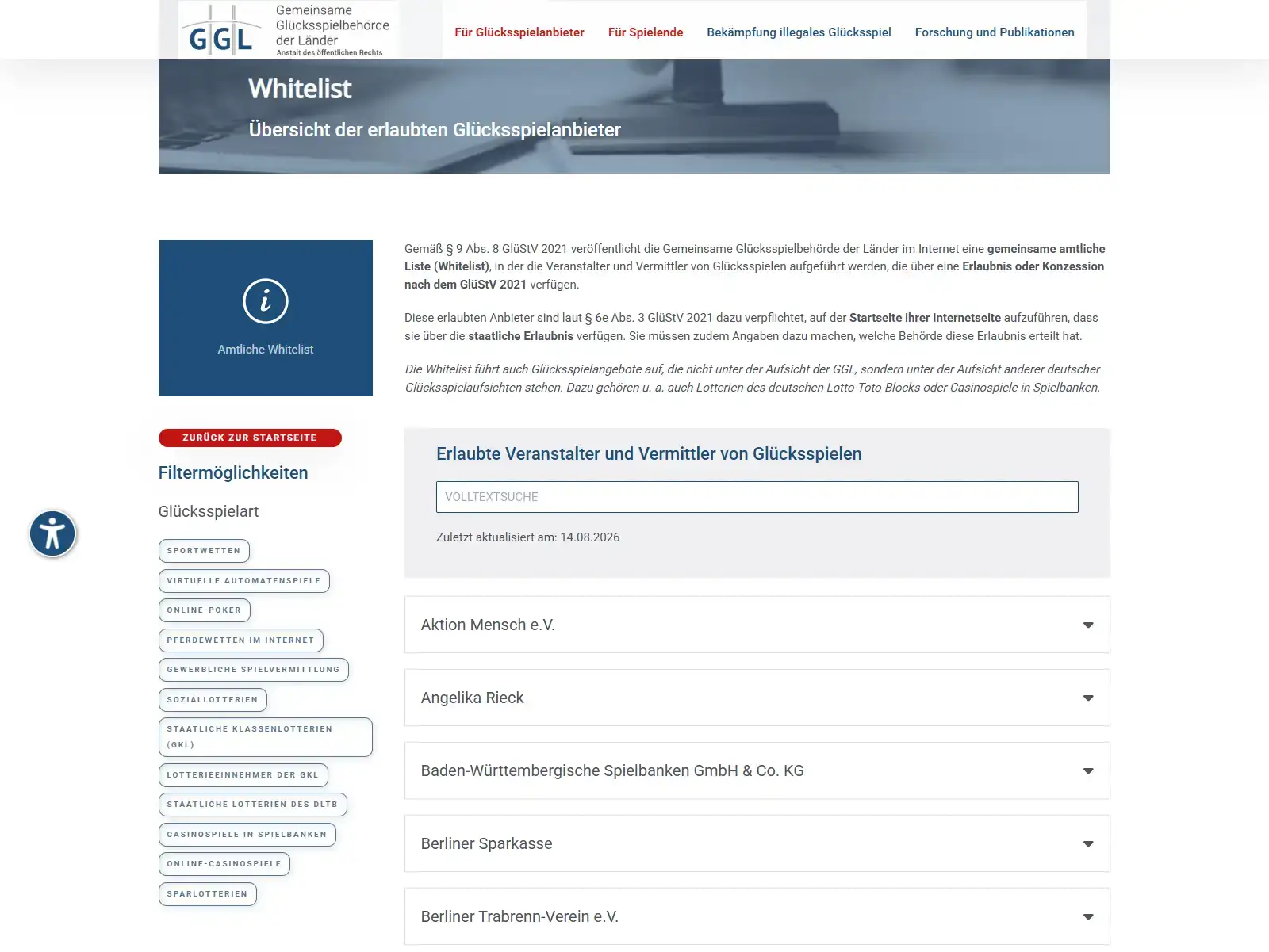 GGL-Whitelist mit Aktualisierungsdatum und Suchfunktion