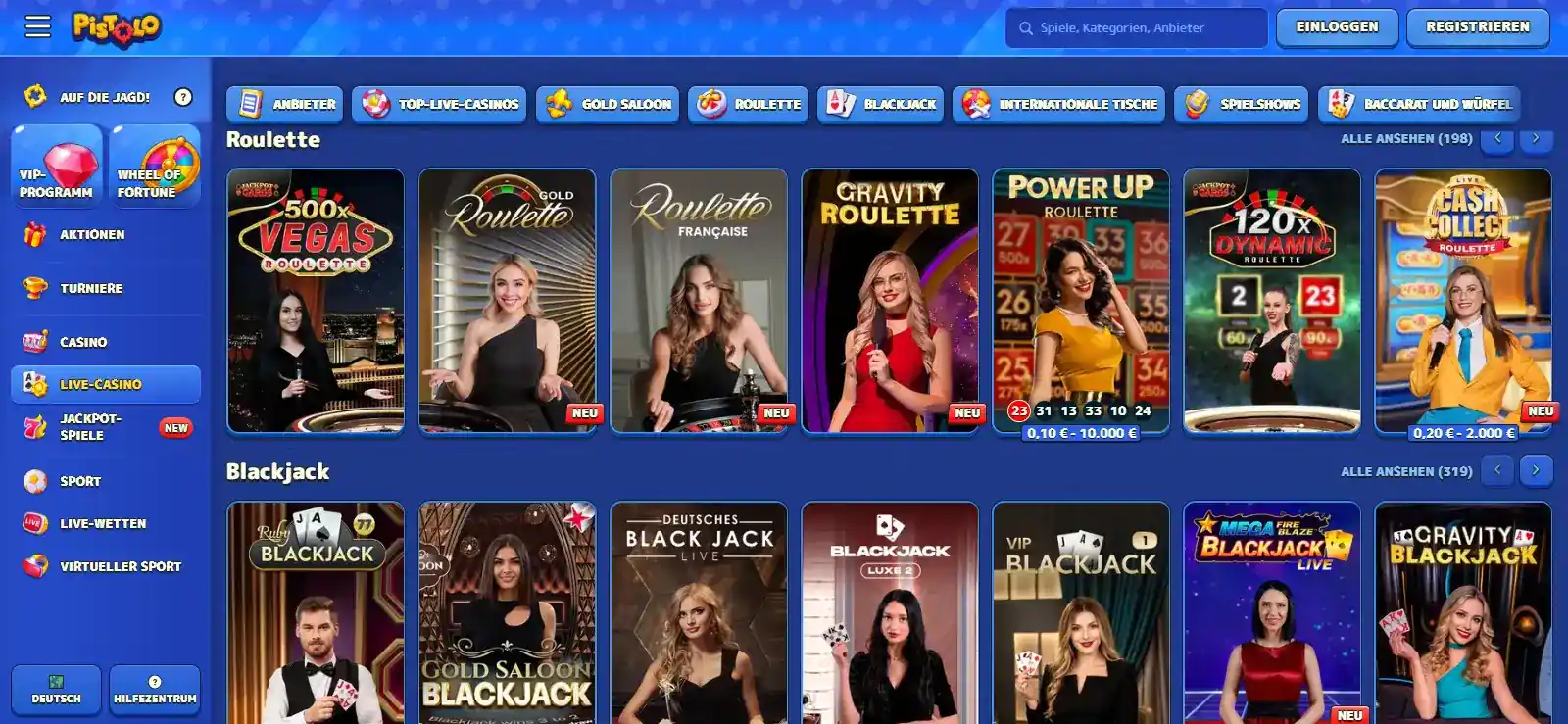 Pistolo Live-Casino-Lobby mit Kategorien und Tischen