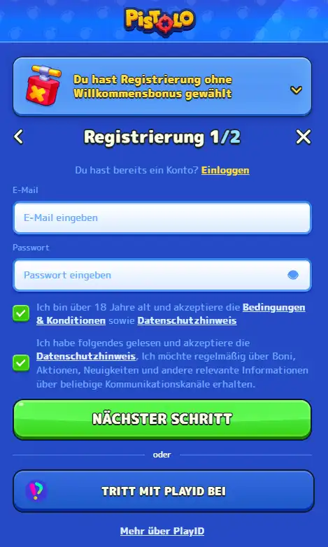 Pistolo Registrierung 2026: Konto eröffnen und anmelden