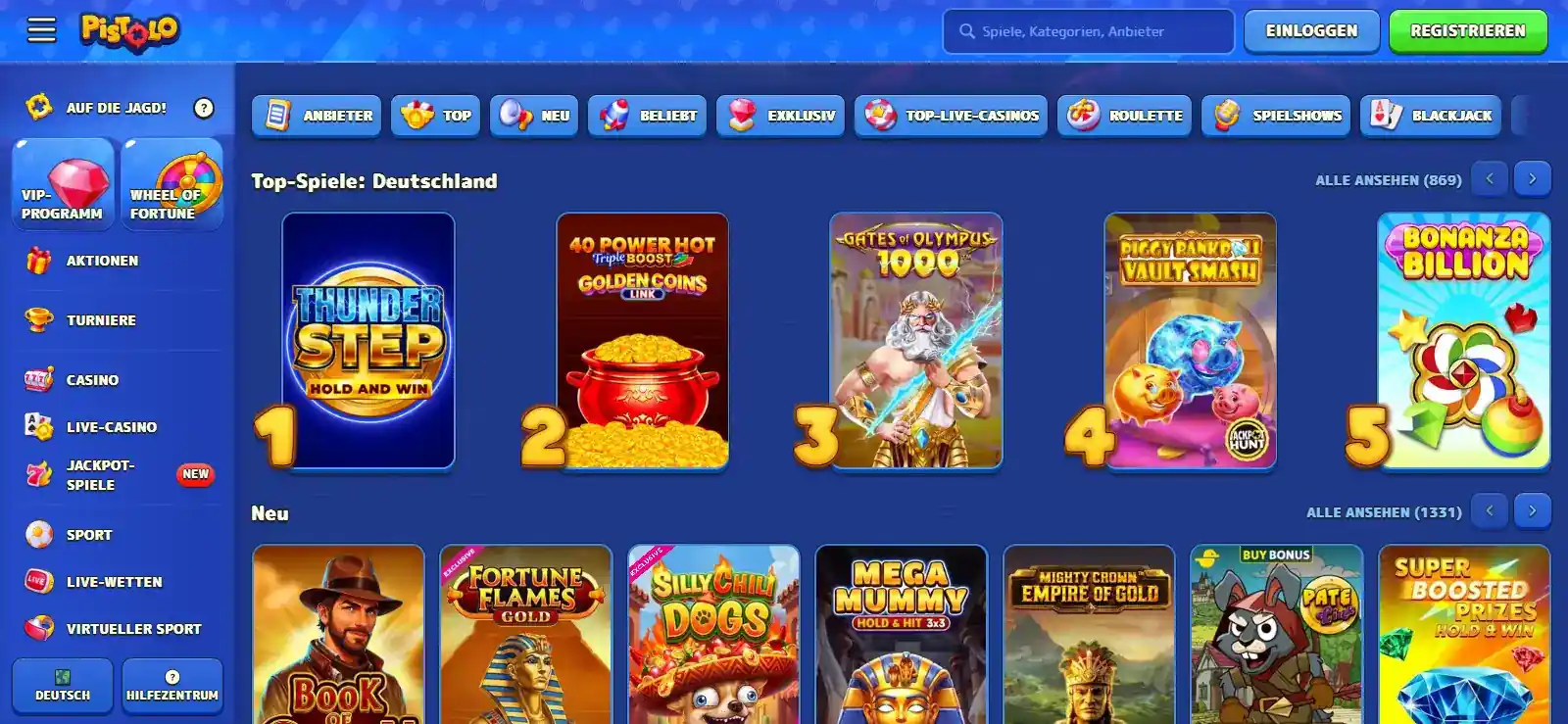 Pistolo Casino-Navigation mit Casino, Live-Casino und Sportwetten