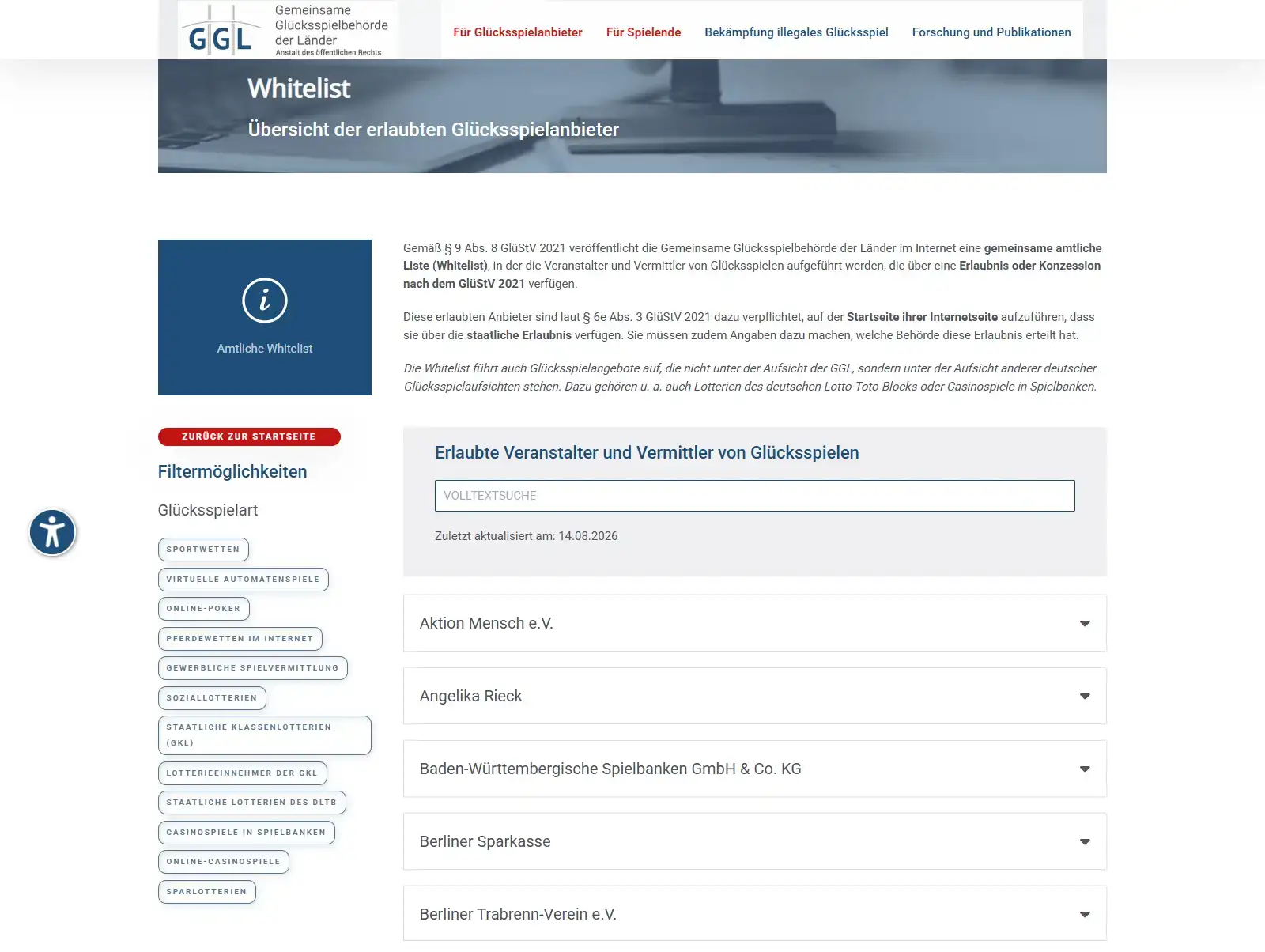 GGL-Whitelist mit Suchbereich für erlaubte Glücksspielanbieter